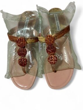 Manolo Blahnik Pink and Brown Leather Thong Mules